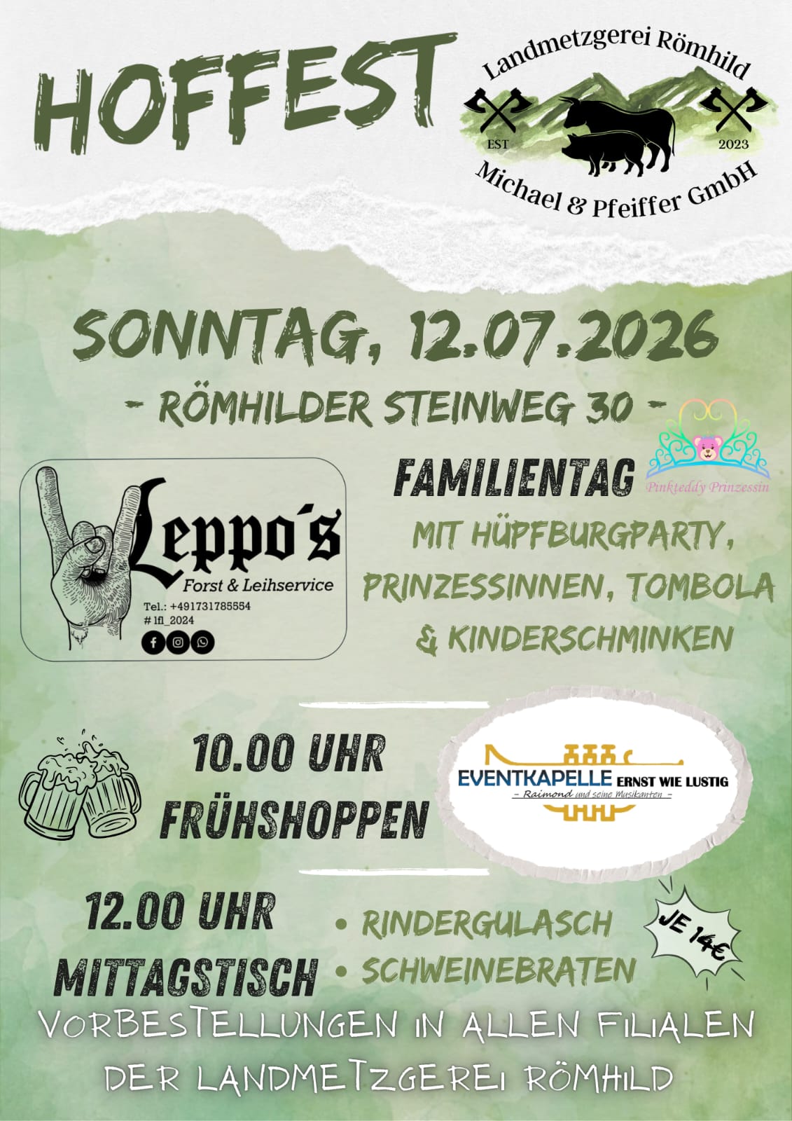 Poster advertising Hoffest with date Sunday 12.07.2026 at Römhilder Steinweg 30, featuring family day, food, tombola, kids’ activities, and local vendors.