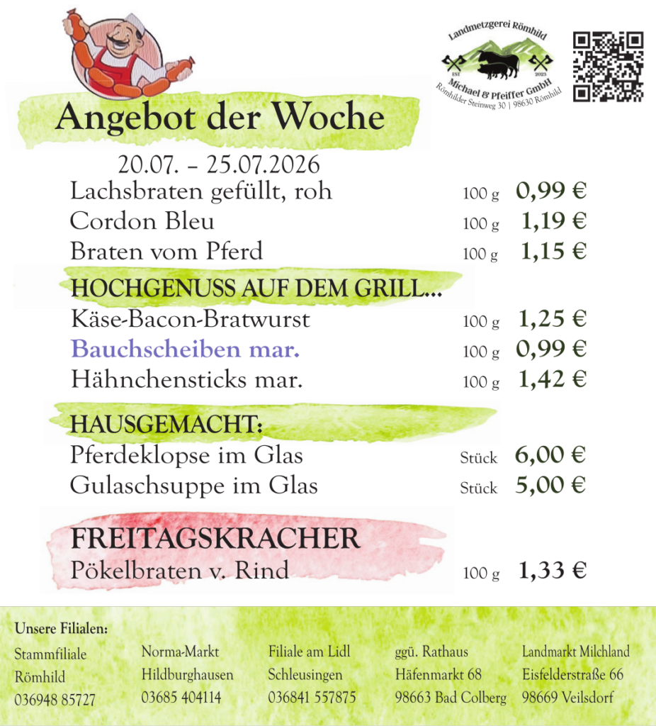 German weekly specials flyer titled Angebot der Woche, listing dishes and euro prices (Lachsbraten gefüllt, Cordon Bleu, Braten vom Pferd, etc.).